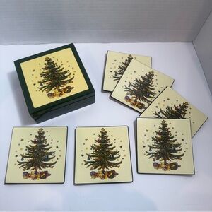 VTG Set of 6 Lord & Taylor Christmas Tree Cork Backed Coasters In Original Box